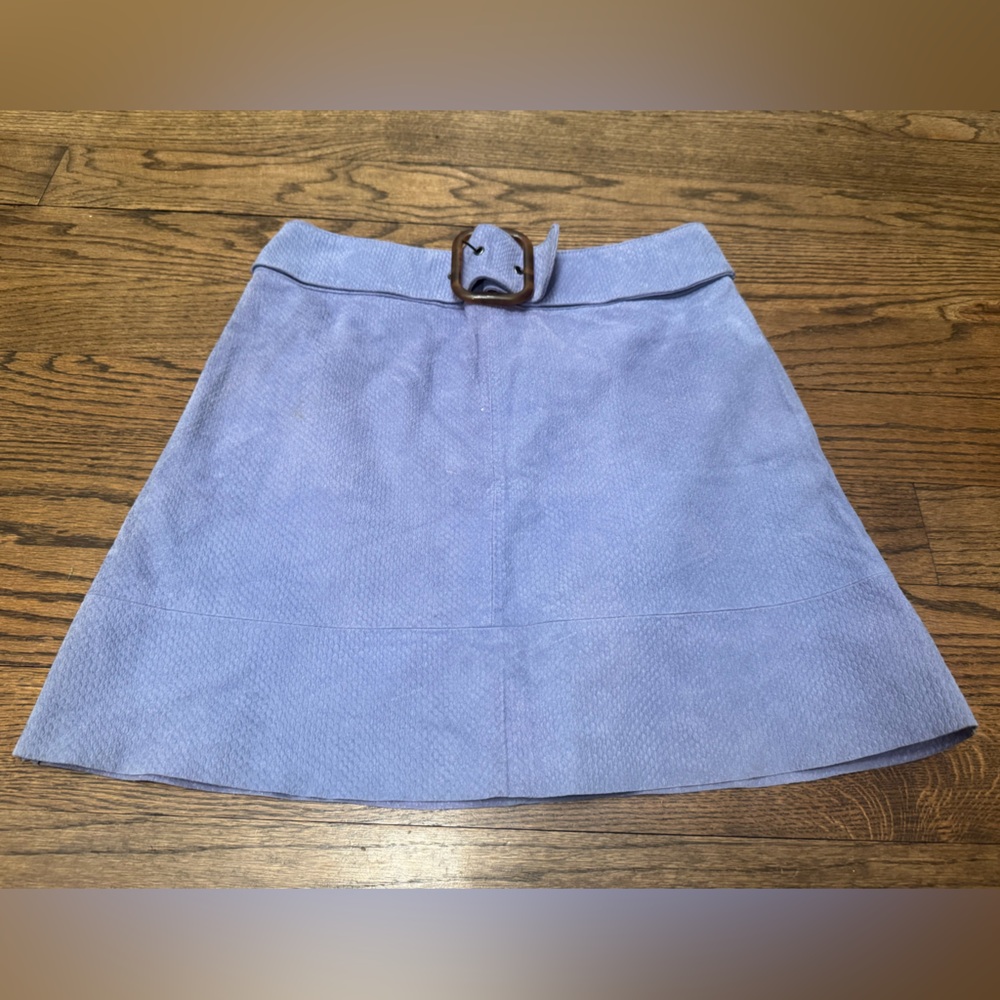 Anthropologie Blue Suede Leather A-Line Mini Skirt Belted US 6